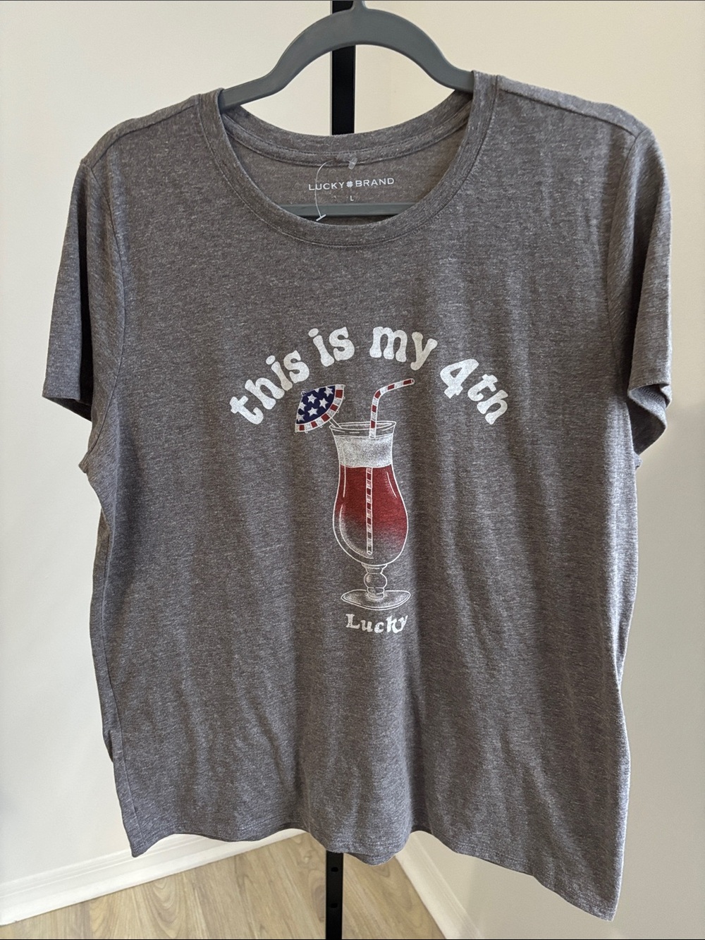 Lucky Brand Grey Graphic 'This is my 4th' Tee with Red & Blue Drink Print